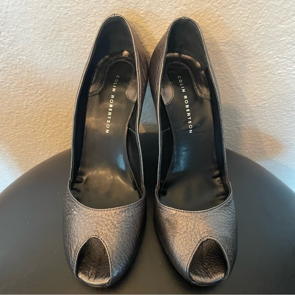 Colin Robertson gun metal grey Leather Peep toe Pumps with chunky lucite heel - Picture 3 of 10